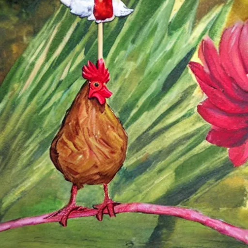 Prompt: a chicken on a lilly stick, photo realistic