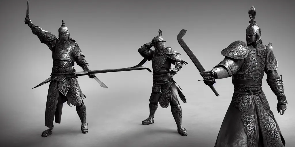 Prompt: the ancient Chinese warrior and his sword, high quality render, artstation, Unreal engine 5, octane render, 4k, dark gray background