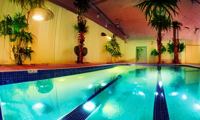 Prompt: indoor pool with ferns and palm trees at night, shops, pool tubes, chromatic abberation, dramatic lighting, dim lighting, horror lighting, depth of field, 80s photo, wideangle, fisheye