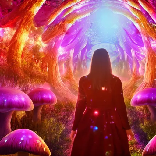 Image similar to a photo of beautiful girl walking through the astral plane mushroom forest using the gem of souls and life 4 k