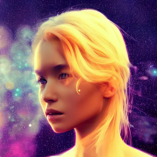 Image similar to beautiful girl galaxy background, portrait character concept style trending on artstation concept art detailed octane render cinematic photo - realistic 8 k high detailed