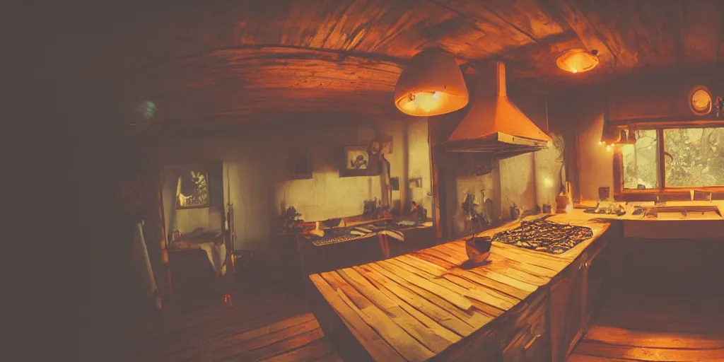 Image similar to epic illustration fisheye lens of a wooden kitchen dim lit by 1 candle in a scenic environment by Anton Fadeev