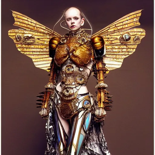 Image similar to haute couture scale armour sf paladin editorial by klimt, biomechanical hornet with metal couture wings by malczewski, ornate wh 4 0 k chaos lord in gold, bismuth and obsidian by giger, on bloody cosmic battleground by alphonse mucha