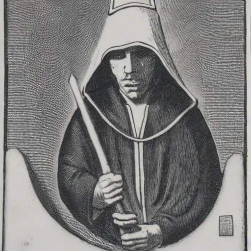 Prompt: An etching of a hooded priest