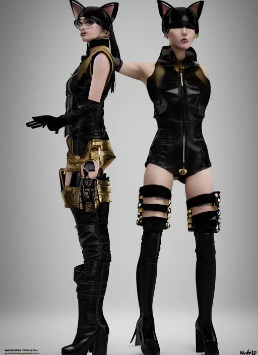 Image similar to haute couture, clothing setting for future female warrior, model standing pose, futurism, vest, leather coat, shorts, boots, electronic cat ears, cyberpunk style, black and gold, render by octane and blender, hyper realistic, hyper detailed