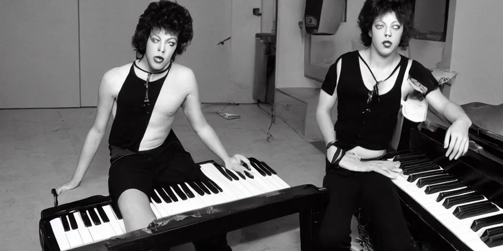 Prompt: 80s photo of Young Tim Curry laying seductively on a piano