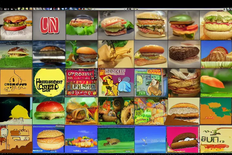 Image similar to hamburger themed gnu / linux desktop environment, linux mint, in 1 9 9 5, y 2 k cybercore, hamburger os, desktop screenshot