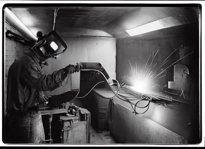 Image similar to welder in welding mask in a subway, by richard avedon, tri - x pan stock