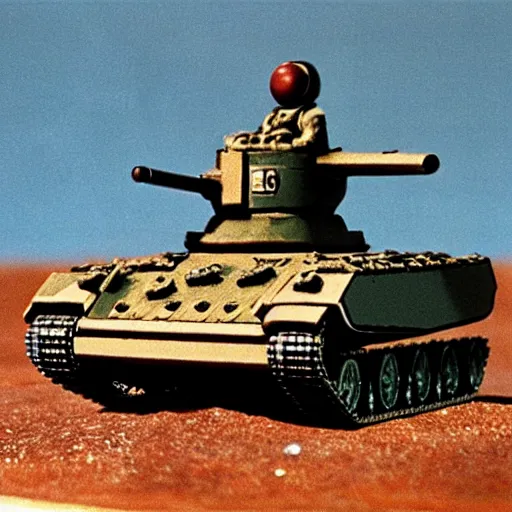 Prompt: a walking nuclear equipped tank, 1 9 8 7, stop - motion, movie still