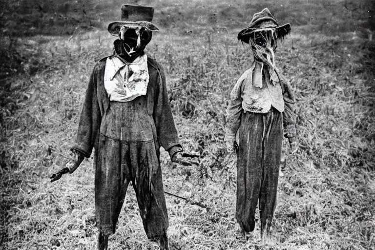 Image similar to disturbing scarecrow from the early 1 9 0 0's in a trancelike state in the burning cornfields