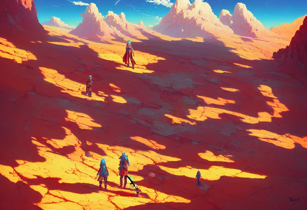 Image similar to arid planet, mountain valley intricate oil painting, high detail illustration, sharp high detail, manga and anime 1 9 9 9, official fanart behance hd artstation by jesper ejsing and makoto shinkai, 4 k