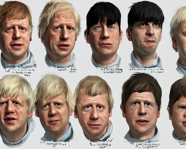 Image similar to boris johnson in 1 0 0 different styles, character art sheet, by various concept artists, redshift render, hyperrealistic face, photorealistic render