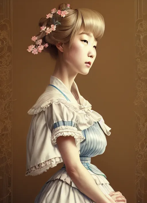 Image similar to portrait of a beautiful japanese girl with blonde hair dressed as a french maid, elegant, highly detailed, digital painting, 8 k, concept art, smooth, sharp focus, an ultrafine detailed illustration by james jean, intricate linework, octane render, by ruan jia and zeen chin and greg rutkowski and alphonse mucha