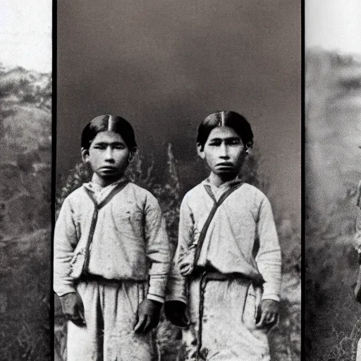 Prompt: sepia Photo of 3 Sioux boys before and after they entered an Indian boarding school in 1883.