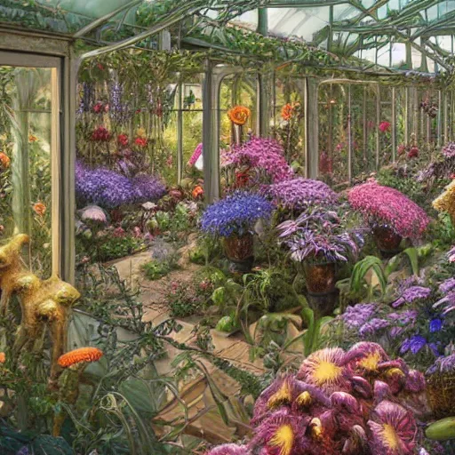 Prompt: a greenhouse of alien flowers, by alex horley, super detailed, trending on artstation