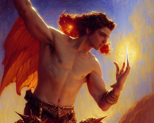 Image similar to attractive male deity, casting demonic magic, summoning handsome lucifer morning star. highly detailed painting by gaston bussiere, craig mullins, j. c. leyendecker 8 k