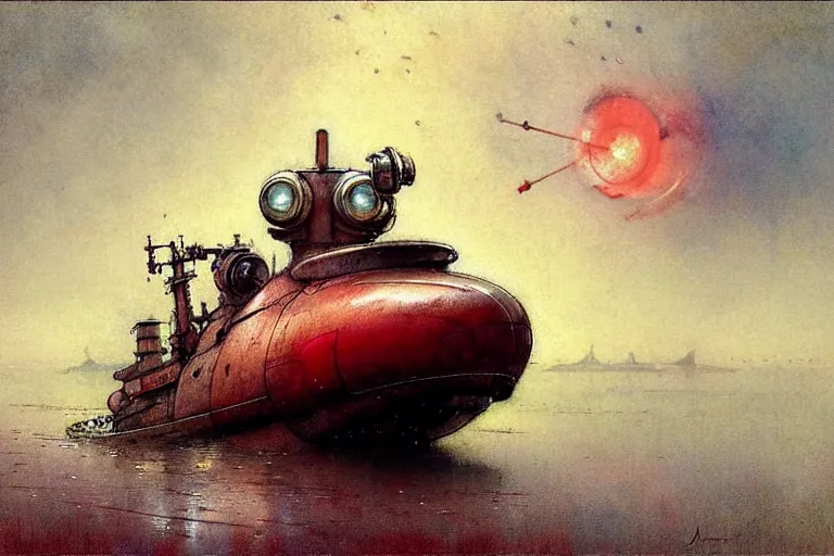 Image similar to adventurer ( ( ( ( ( 1 9 5 0 s retro future robot android mouse house boat tug boat calm stream. muted colors. ) ) ) ) ) by jean baptiste monge!!!!!!!!!!!!!!!!!!!!!!!!! chrome red