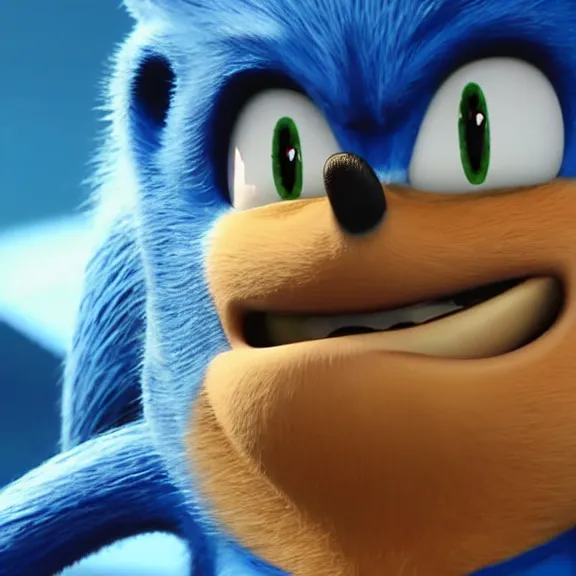 Image similar to High definition picture of ugly sonic with a toothache grin snarling at eggman