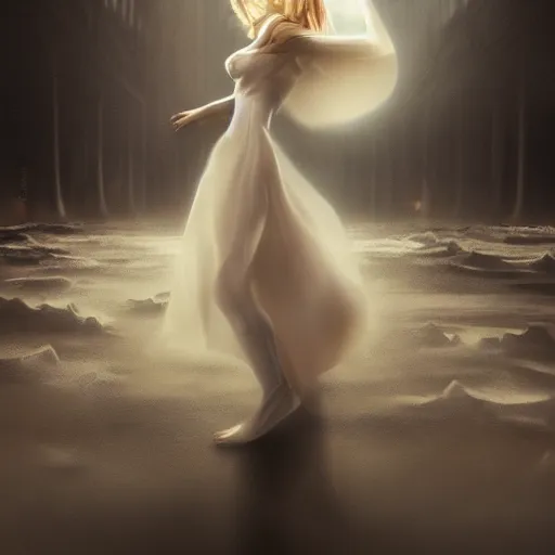 Image similar to white female dancing gost, matte painting, cinematic, epic composition, detailed, atmospheric, wide angle, artstation trending