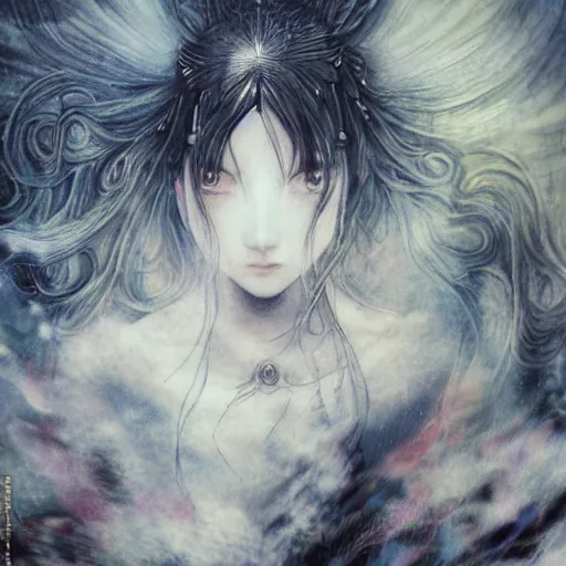 Image similar to yoshitaka amano blurred and dreamy realistic illustration of a japanese woman with black eyes, wavy white hair fluttering in the wind wearing elden ring armor with engraving, abstract patterns in the background, satoshi kon anime, noisy film grain effect, highly detailed, renaissance oil painting, weird portrait angle, blurred lost edges, three quarter view