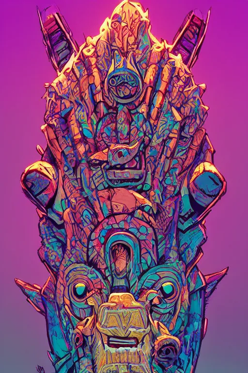 Image similar to totem animal tribal chaman vodoo mask feather gemstone plant wood rock video game illustration vivid color borderlands by josan gonzales and dan mumford radiating a glowing aura