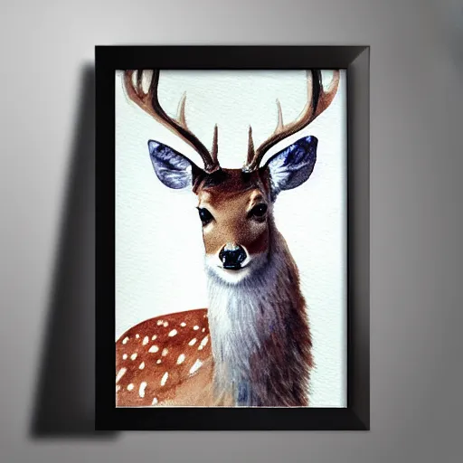 Prompt: a beautiful calming watercolour painting of a deer. soft colours. light. deer portrait. symmetric.