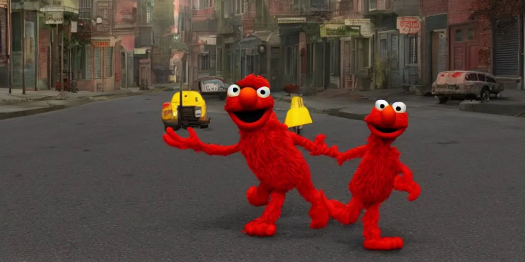 Image similar to realistic scene of elmo street in war, ultra realistic, 8 k