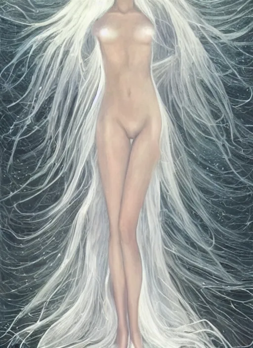 Prompt: tall thin beautiful goddess, pale wan female angel, long flowing silver hair covering her whole body, beautiful!!! painting, young face pale skin wan angel, flowing silver hair, flowing white robes, flowing hair covering front of body, white robe, white dress!! of silver hair, covered!!, clothed, unexposed, intricate robes beautiful aesthetic, mystery