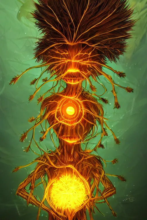 Image similar to a humanoid figure glowing dandelion plant monster, amber eyes, highly detailed, digital art, sharp focus, ambient lighting, autumn, trending on art station, anime art style