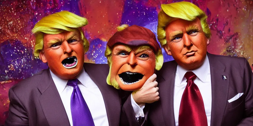 Image similar to photo of real life oompa loompas resembling donald trump, creepy!!!, scaly!!!, gritty!!!, menacing!!!, evil, ultra realistic, gritty, winter, golden hour, volumetric lighting, sharp focus