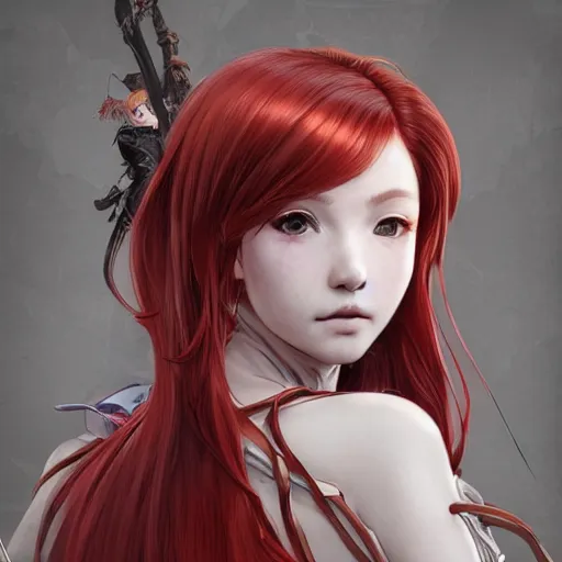 Image similar to a red haired female knight as an absurdly beautiful, elegant, young sensual anime girl, ultrafine hyperrealistic detailed face illustration by kim jung gi, irakli nadar, intricate linework, sharp focus, bright colors, matte, octopath traveler, final fantasy, unreal engine highly rendered, global illumination, radiant light, intricate environment