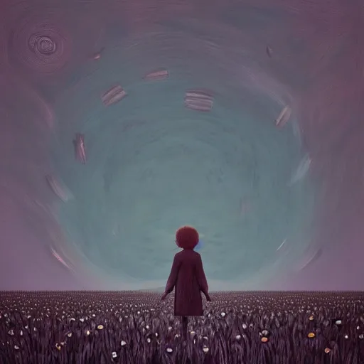 Image similar to giant black daisy flower as a face, girl walking in wheat field, hills, surreal photography, dark night, star trails, dramatic light, impressionist painting, clouds, digital painting, artstation, simon stalenhag