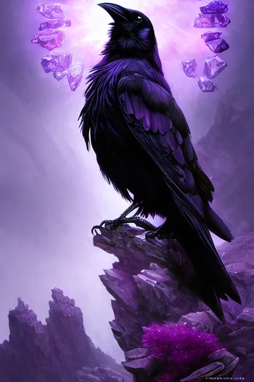 Image similar to portrait of a beautiful one raven perched on purple crystals that are glowing in a misty valley, establishing shot, extremly high detail, foto realistic, cinematic lighting, by yoshitaka amano, ruan jia, kentaro miura, artgerm, post processed, concept art, artstation, raphael lacoste, alex ross