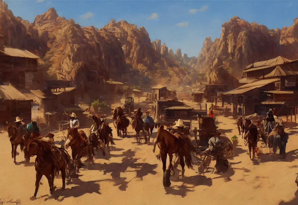 Image similar to greg manchess painting of a wild west town landscape with no person nor horse in the painting only buildings in the year 1 8 5 0, painting, trending on artstation, by huang guangjian and gil elvgren and sachin teng