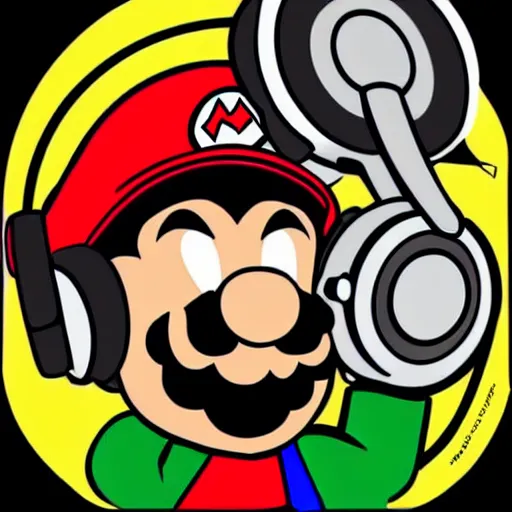 Image similar to svg sticker of a Pop-Wonder SuperMario, Mario-Wearing-a-red-hat, at a rave, spinning records, giant headphones rocking out, wearing headphones, huge speakers, dancing, rave, DJ, spinning records, digital art, amazing composition, rule-of-thirds, award-winning, trending on artstation, featured on deviantart