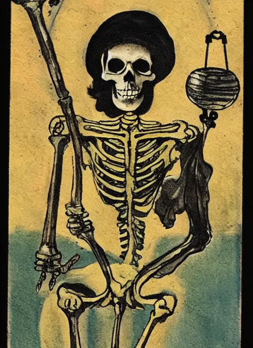 Image similar to tarot card featuring a skeleton holding a bong, rider - waite, by pamela colman smith