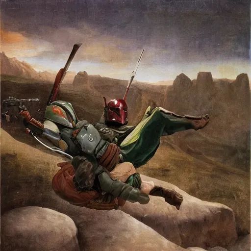 Prompt: boba fett riding a hobbit in a tundra, renaissance painting