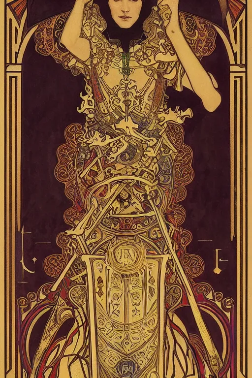 Image similar to tarot card, the emperor, medieval, super detailed, ornate, by alphonse mucha, artstation, greg rutkowski, symmetry, red, gold, white, black, 8 k