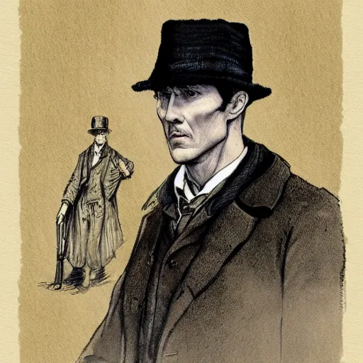 Prompt: sherlock holmes in a deerstalker hat in the style of james c. christensen