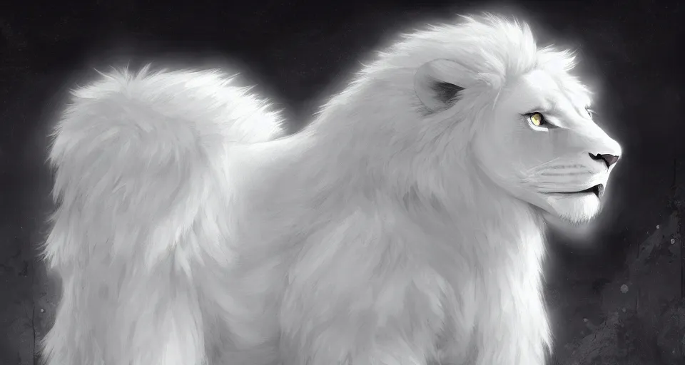 Image similar to aesthetic portrait commission of a albino male furry anthro lion wearing white glowing cloak in an empty black room surrounded by darkness, Character design by charlie bowater, ross tran, artgerm, and makoto shinkai, detailed, inked, western comic book art, 2021 award winning painting