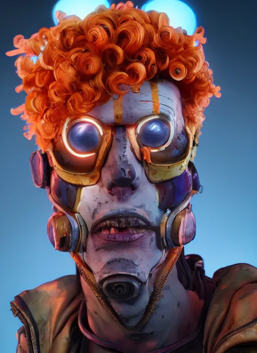 Image similar to glowwave portrait of curly orange hair man from borderlands 3, au naturel, hyper detailed, digital art, trending in artstation, cinematic lighting, studio quality, smooth render, unreal engine 5 rendered, octane rendered, art style by klimt and nixeu and ian sprigger and wlop and krenz cushart.