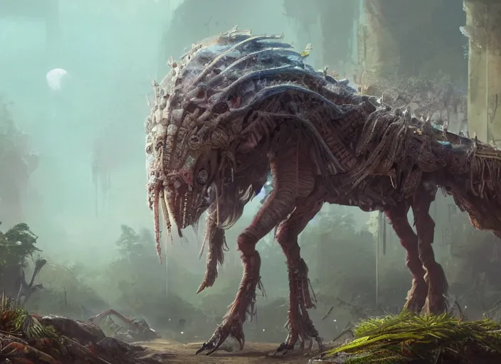 Image similar to detailed full body concept art illustration oil painting of a solarpunk animal with intricate hair, ultra detailed, digital art, octane render, dystopian, zero dawn, 4k