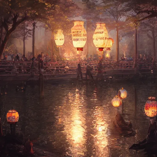 Image similar to concept art, river lanterns on the eve of ullambana festival, high resolution, by james gurney, greg rutkowski, fujishima takeji, hiroshi yoshida, artstation