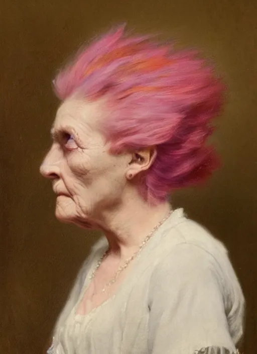 Image similar to a detailed portrait of old woman with a mohawk by edouard bisson, year, 1 9 0 0, pink hair, punk rock, oil painting, muted colours, soft lighting