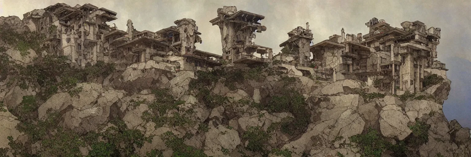 Image similar to hyper-realistic illustration of an exterior view of a huge Brutalist-style house on a rocky beach, by Alfons Mucha le Pater, Art Nouveau, Craig Mullins, Jules Louis Machard, Pierre-Narcisse Guérin, Carl Schweninger, Jr., asymmetry