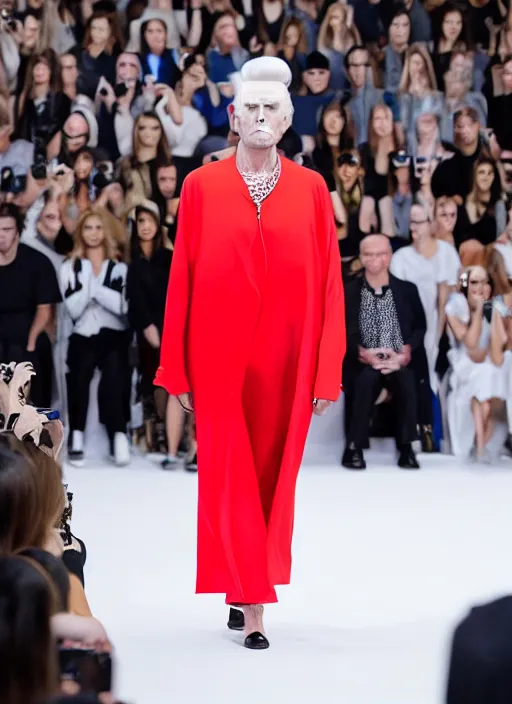 Prompt: hyperrealistic and heavy detailed Balenciaga runway show of DONALD TRUMP , Leica SL2 50mm, vivid color, high quality, high textured, real life