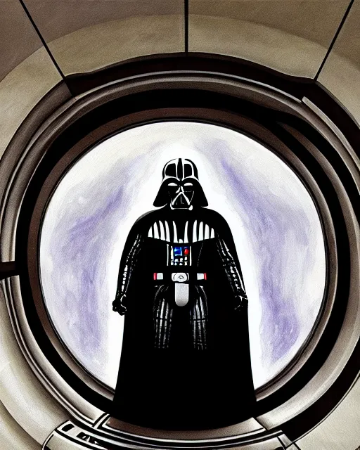 Image similar to acrylic painting portrait of darth vader looking through a large window into outer space, high production value, intricate details, high resolution, hdr, high definition, masterpiece, realistic, ultrarealistic, highly detailed, hd, sharp focus, non blurry, sharp, smooth