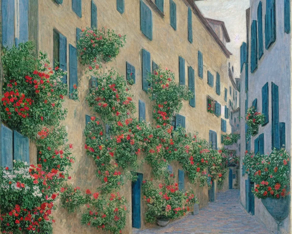 Prompt: a quaint, narrow italian street with cobblestones and flower baskets by hopper and monet