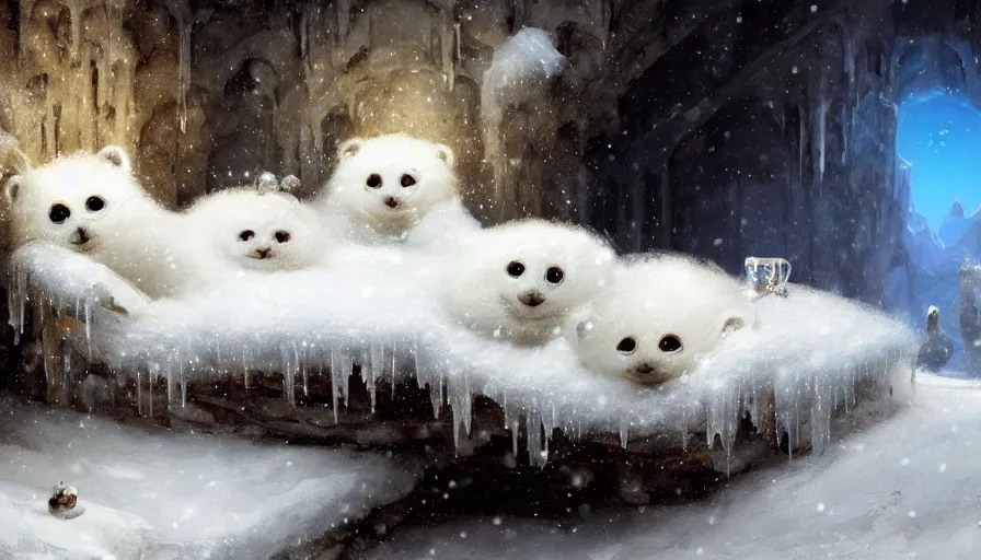 Prompt: highly detailed painting of cute furry white baby seals cuddled up inside snowy fantasy ice crystal cavern by william turner, by greg rutkowski, by william constable, thick brush strokes and visible paint layers, 4 k resolution