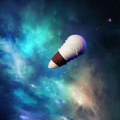 Prompt: dramatic render of a galaxy flavored ice cream cone flying through a space nebula, cgsociety, artstation, 4k